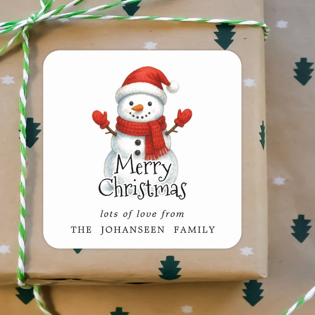 Merry Christmas Cute Snowman Black Typography Square Sticker (Creator Uploaded)