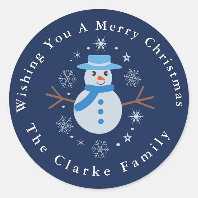 Merry Christmas Cute Snowman custom Family name  Classic Round Sticker (Front)