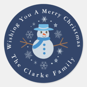 Merry Christmas Cute Snowman custom Family name  Classic Round Sticker