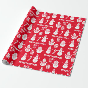 Merry Christmas Cute Snowman Name Xmas Red Festive Wrapping Paper