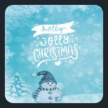 Merry Christmas,Cute Snowman Pine Tree Snowflakes Square Sticker<br><div class="desc">Cute snowman with santa hat.</div>