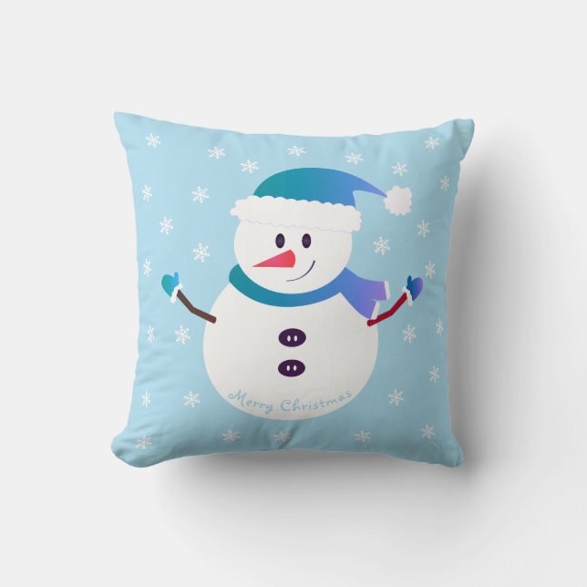 Merry Christmas Cute Snowman Snowflakes Cushion (Front)