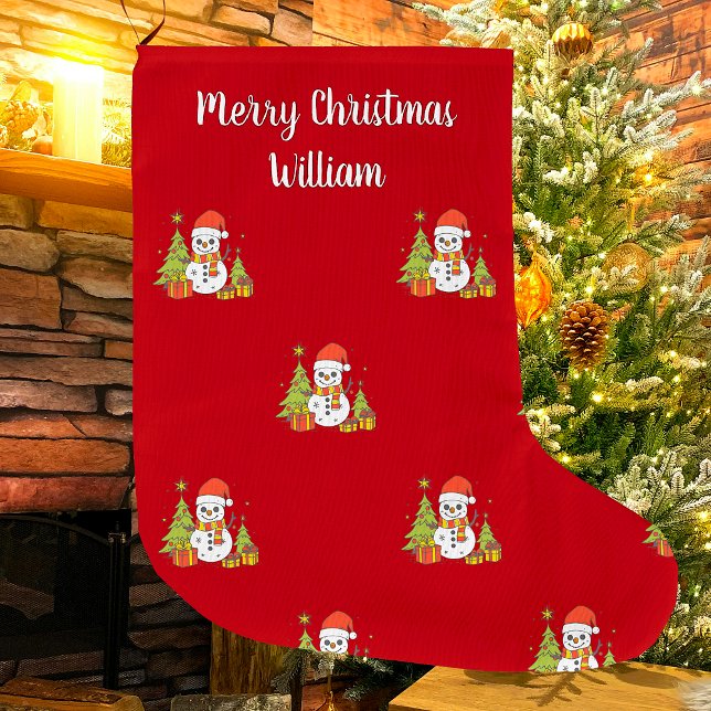 Merry Christmas Cute Snowman Tree Personalised Large Christmas Stocking (Creator Uploaded)