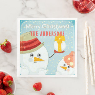 Merry Christmas Cute Snowman Winter Holidays Name  Napkin