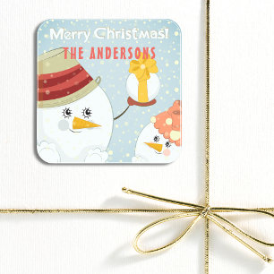 Merry Christmas Cute Snowman Winter Holidays Name Square Sticker