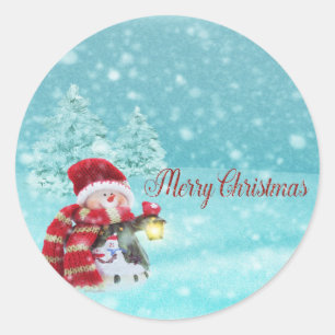 Merry Christmas,Cute Snowman With Santa Hat Classic Round Sticker