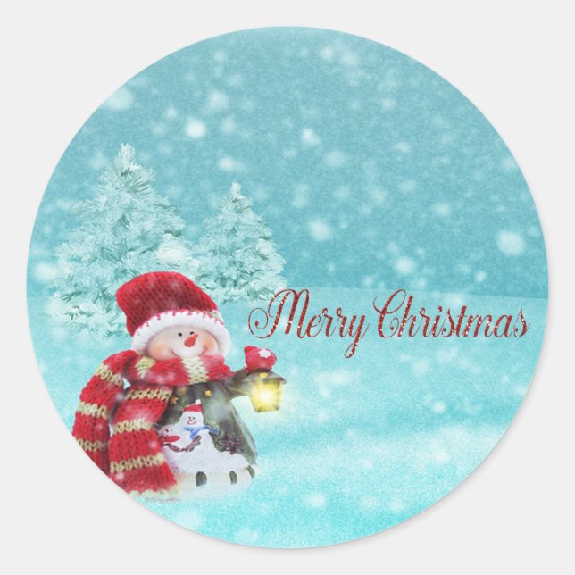 Merry Christmas,Cute Snowman With Santa Hat Classic Round Sticker (Front)