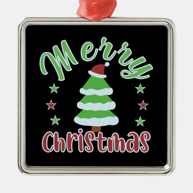 Merry Christmas, cute tree with Santa hat Metal Ornament (Front)