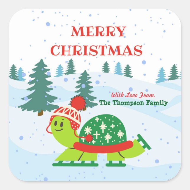 Merry Christmas Cute Turtle Ice Skating in Winter  Square Sticker (Front)