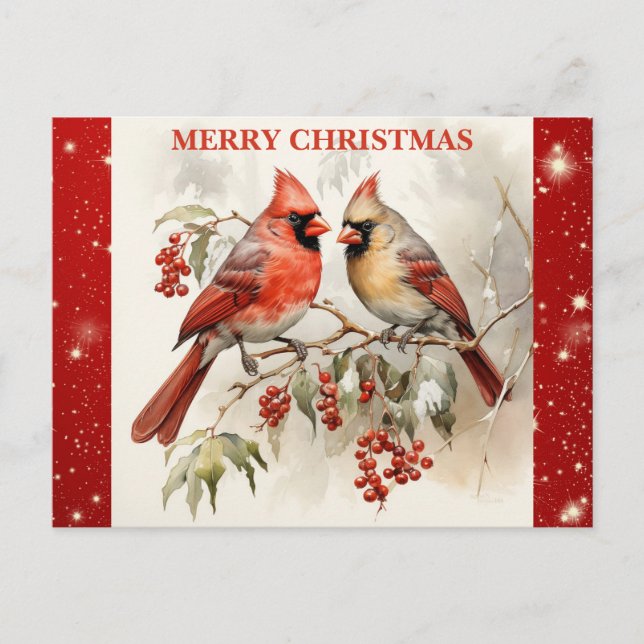 Merry Christmas Cute Watercolor Cardinal Postcard (Front)