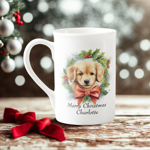 Merry Christmas Cute Watercolor Puppy Dog Name Bone China Mug