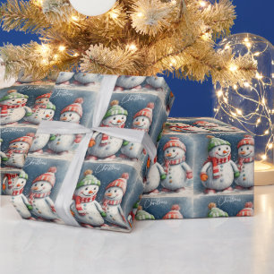 Merry Christmas Cute Watercolor Snowmen Wrapping Paper