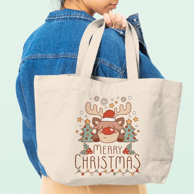 Merry Christmas Cute Whimsical Festive Reindeer Large Tote Bag (Creator Uploaded)