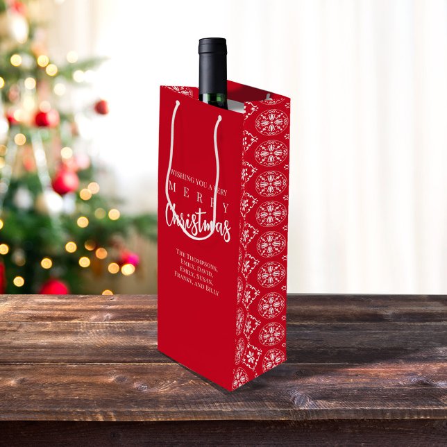 Merry Christmas Cute Whimsical Red Snowflake  Wine Gift Bag (Merry Christmas holiday snowflake pattern wine gift bag.)