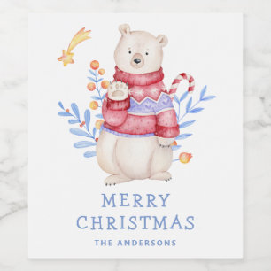 Merry Christmas. Cute winter holiday woodland bear Wine Label