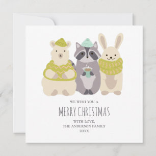 Merry Christmas. Cute winter lama, racoon, rabbit Holiday Card