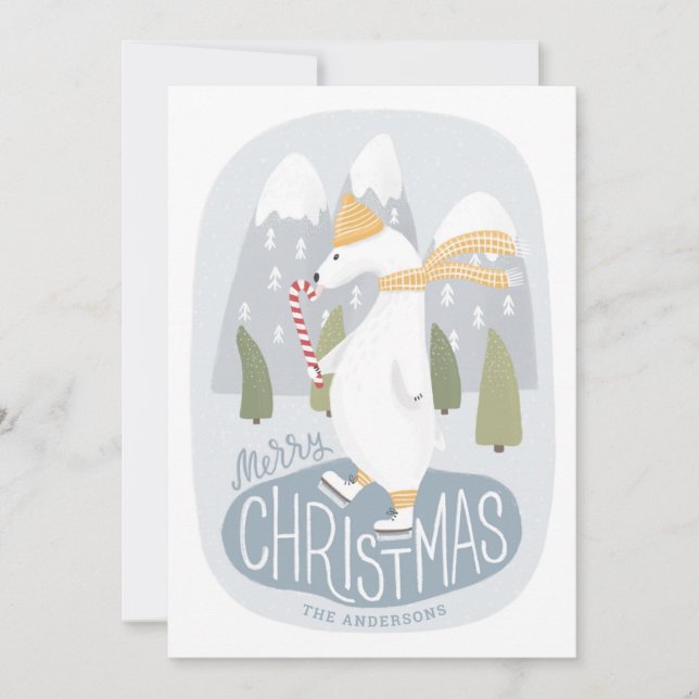 Merry Christmas. Cute winter polar bear on skate Holiday Card (Front)