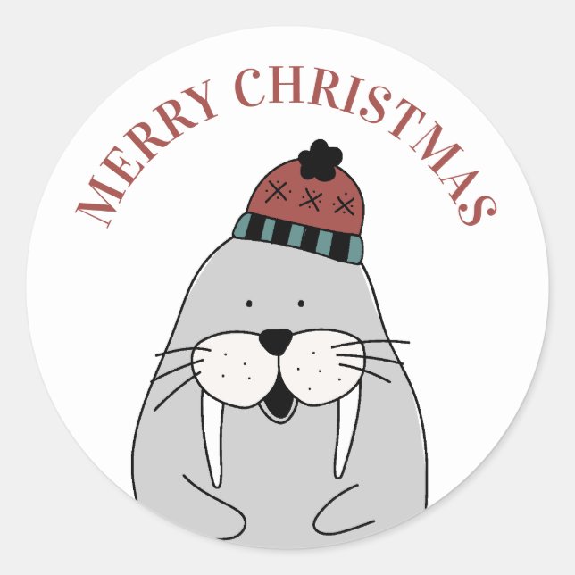 Merry Christmas. Cute winter walrus. Funny animal Classic Round Sticker (Front)