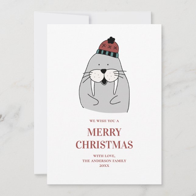 Merry Christmas. Cute winter walrus. Funny animal Holiday Card (Front)