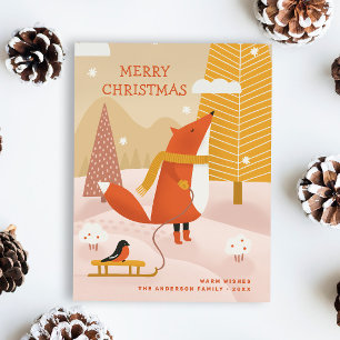 Merry Christmas. Cute winter woodland fox animal Holiday Postcard