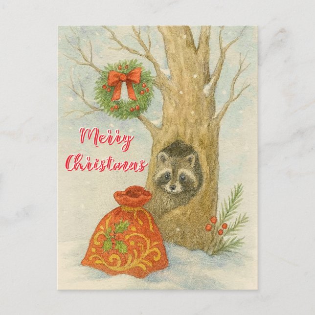 Merry Christmas Cuter Raccoon Wildlife  Postcard (Front)