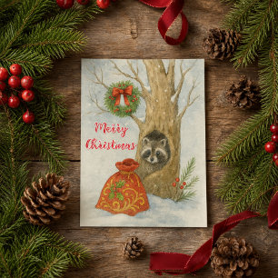 Merry Christmas Cuter Racoon Wildlife  Postcard