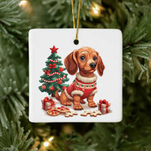 Merry Christmas Dachshund Dog Holiday Cookies Ceramic Ornament