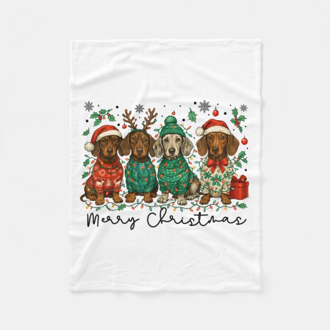 Merry Christmas Dachshund Dog Retro Xmas Puppy Men Fleece Blanket (Front)
