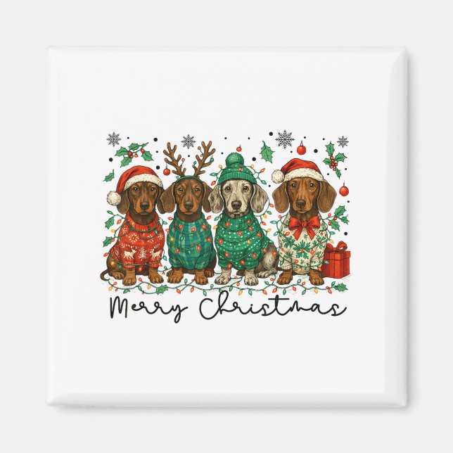 Merry Christmas Dachshund Dog Retro Xmas Puppy Men Magnet (Front)