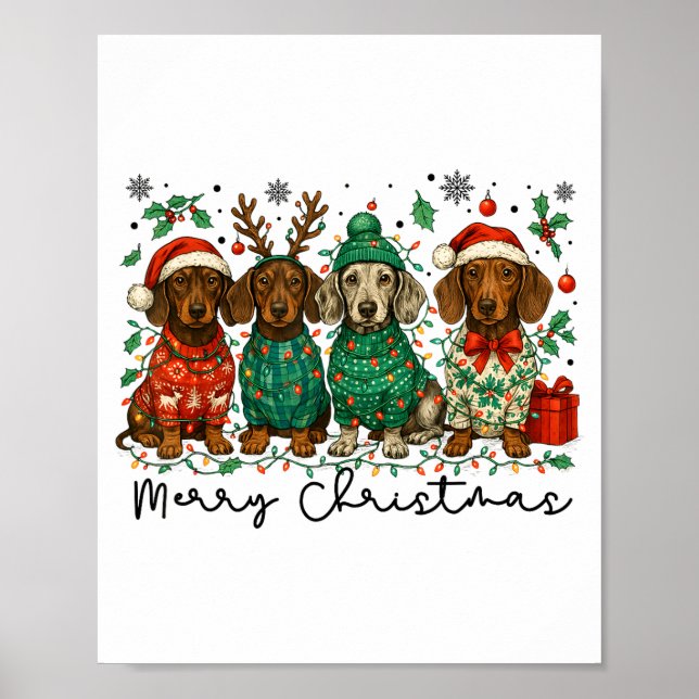 Merry Christmas Dachshund Dog Retro Xmas Puppy Men Poster (Front)