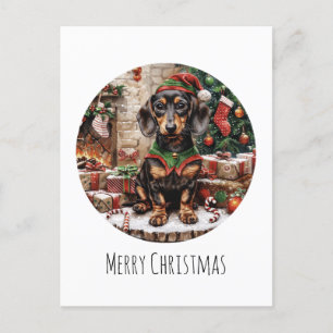 Merry Christmas Dachshund Dogs Elf Holiday Postcard