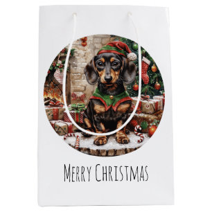 Merry Christmas Dachshund Dogs Elf Medium Gift Bag