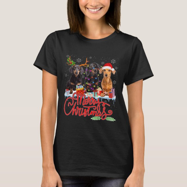 Merry Christmas Dachshund Dogs Santa Reindeer Ligh T-Shirt (Front)