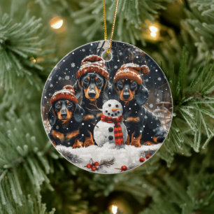 Merry Christmas Dachshund Dogs Snowman Ceramic Ornament