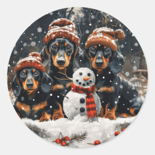 Merry Christmas Dachshund Dogs Snowman Classic Round Sticker