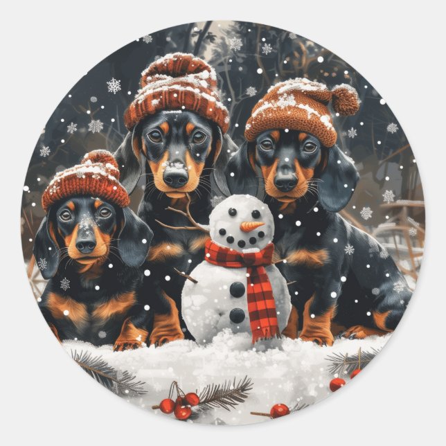 Merry Christmas Dachshund Dogs Snowman Classic Round Sticker (Front)