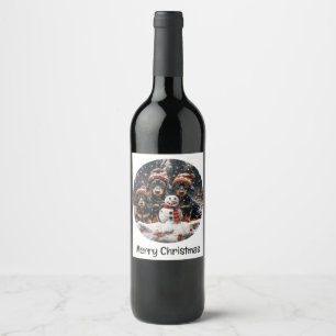 Merry Christmas Dachshund Dogs Snowman Wine Label