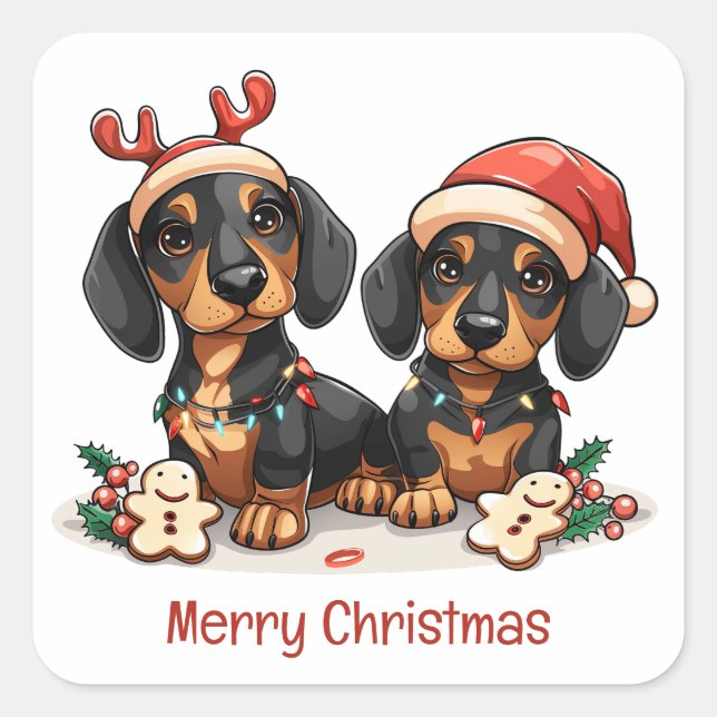 Merry Christmas Dachshund Dogs Square Sticker (Front)
