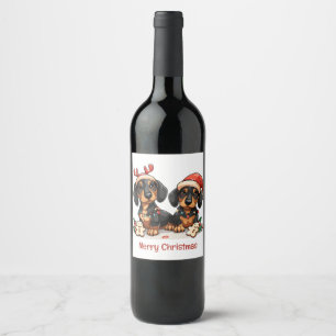 Merry Christmas Dachshund Dogs Wine Label