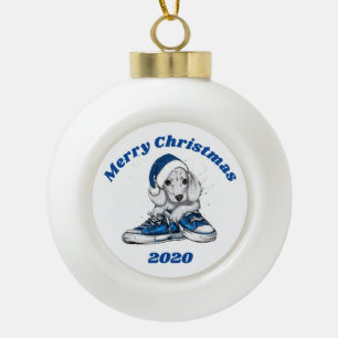 Merry Christmas Dachshund Puppy Ceramic Ball Christmas Ornament