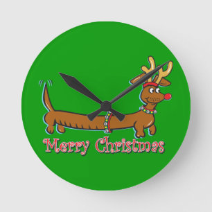 Merry Christmas Dachshund Round Clock