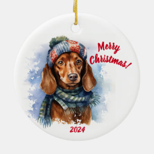 Merry Christmas Dachshund: Watercolor Ceramic Ornament
