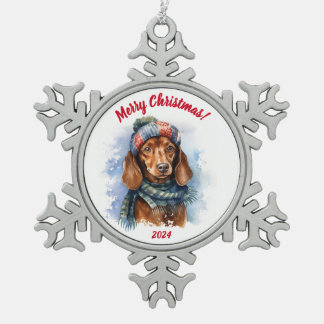 Merry Christmas Dachshund: Watercolor Snowflake Pewter Christmas Ornament