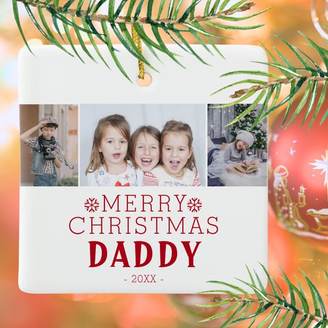 Merry Christmas Daddy 3 Photo Collage Ceramic Ornament (Creator Uploaded)