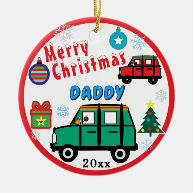 Merry Christmas Daddy Kids PHOTO Green Car Ceramic Ornament (Front)