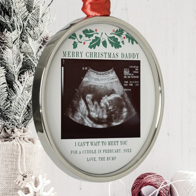 Merry Christmas Daddy Pregnancy Ultrasound Baby Metal Ornament (Botanical Pregnancy Announcement Sonogram Metal Ornament)