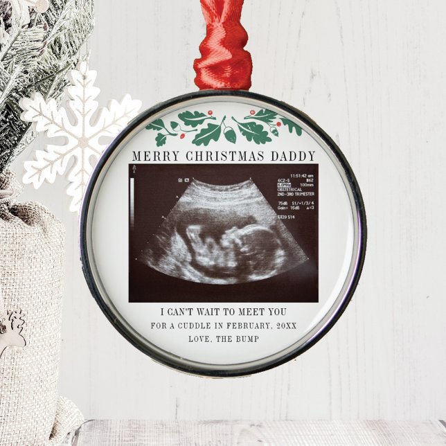 Merry Christmas Daddy Pregnancy Ultrasound Metal Ornament (Sonogram Merry Christmas Daddy Pregnancy Announcement Metal Ornament)