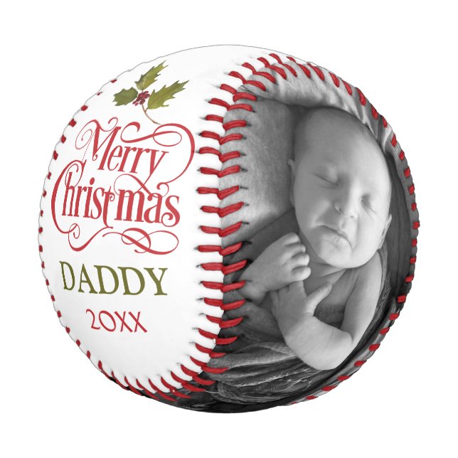 Merry Christmas Daddy Red Green Typography Photo Baseball (Angled)