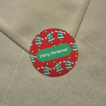 Merry Christmas! Dancing Xmas Trees Pattern Classic Round Sticker<br><div class="desc">Finish off your Christmas wrapping with these festive stickers, featuring a busy pixel art pattern of dancing Christmas trees. Use "Personalise this template" to change the "Merry Christmas!" text if desired. A traditional xmas spruce or pine sat in an orange pot, decorated in gold, red and blue baubles or decorations,...</div>