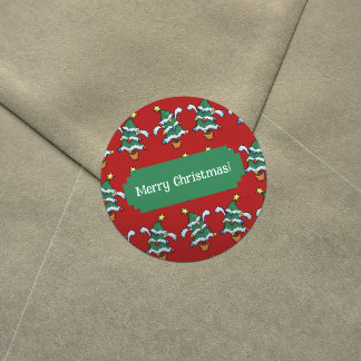 Merry Christmas! Dancing Xmas Trees Pattern Classic Round Sticker